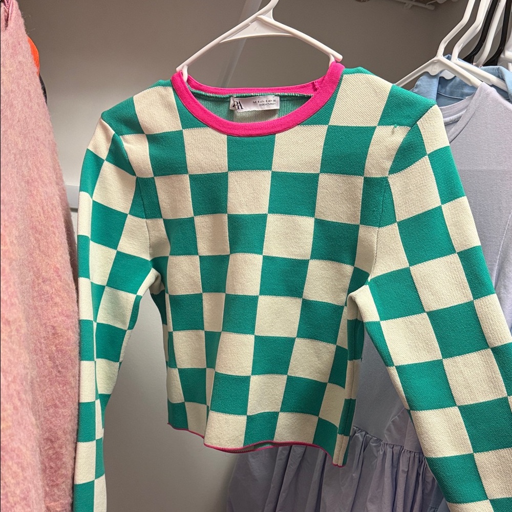 Zara Checkered Green and Cream Sweater